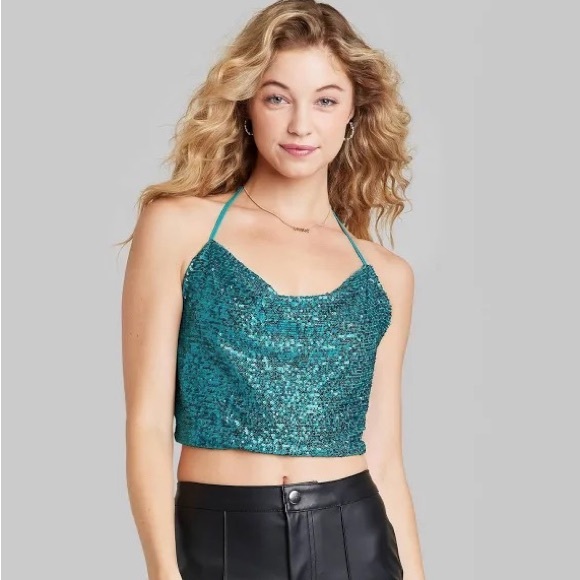 wild fable Tops - Wild Fable teal sequined halter crop top
